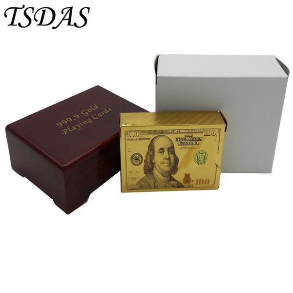 

new 24k gold poker card gold plated $100 dollar style, high-grade leisure game golden playing card gift box with certificate