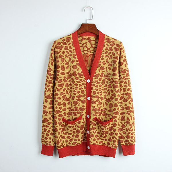 

2018 autumn new fashion loose leopard v-neck knit cardigan, White;black