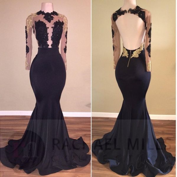 

black mermaid prom dresses high neck long sleeves backless prom dresses appliques illusion bodice satin evening dresses graduation dress