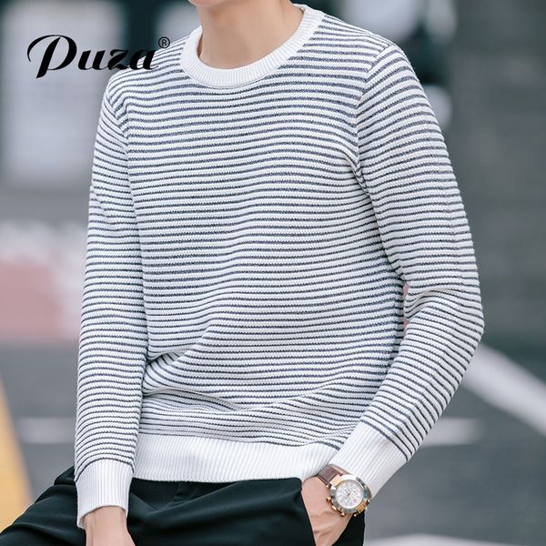 

puza new autumn winter fashion men sweater casual thicken fleece male pullover sweater mens crewneck slim fit strip pattern, White;black