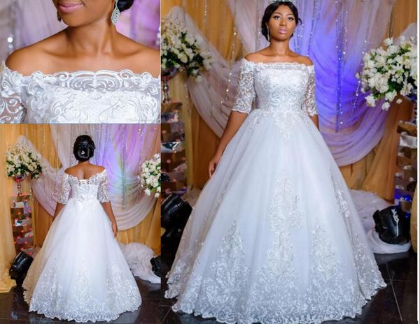

african wedding dresses a line off shoulder 1/2 sleeve floor length bridal gowns with lace applique backless wedding gowns dh4143, White