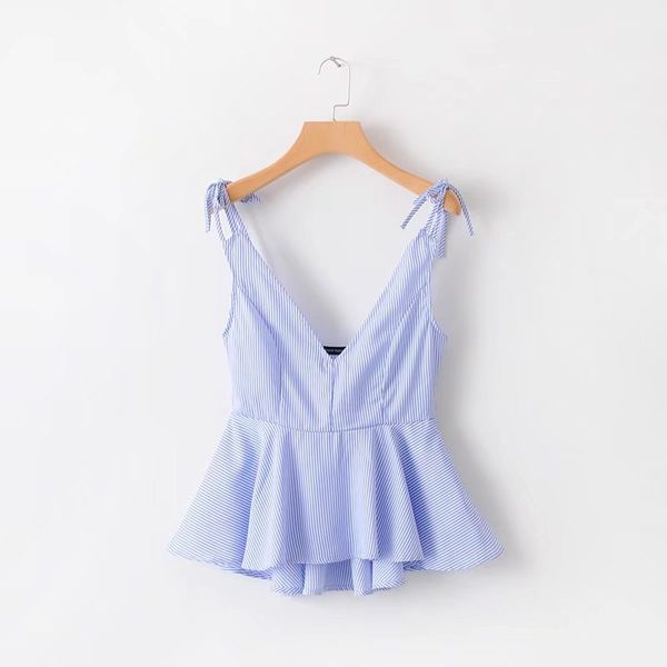 

Fashion Euro Style Women clothes Ruffles Stripped V-neck Blue Design Blouse Casual Women Charming Blouse & Top