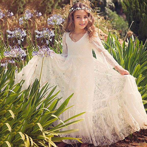 

beach flower girl dresses white ivory first communion lace dress for little girl v-neck long sleeve a-line kids wedding princess dress, Red;yellow