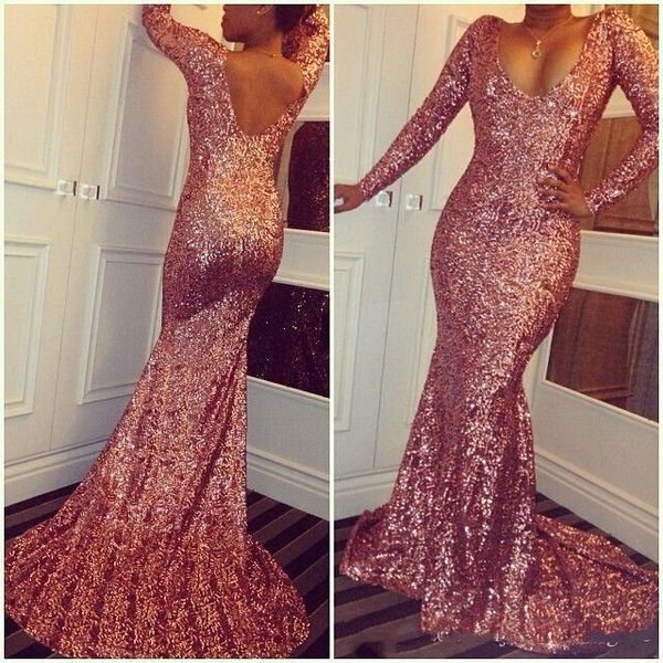 

Rose Pink Sequined Cheap Mermaid Prom Dresses 2017 Scoop Neck Long Sleeves Sexy Low Back Sparkling Evening Dresses Sweep Train Custom Made