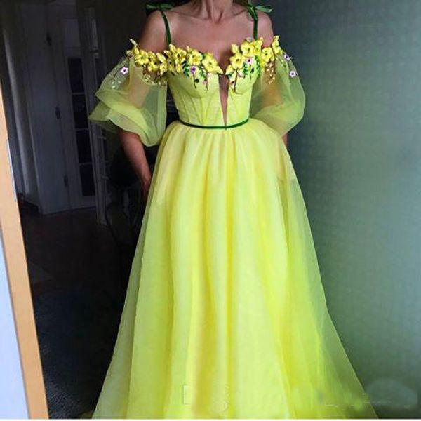 

2017 Colorful A-Line Evening Dresses with Spaghetti Neckline Sheer Puff Sleeves Boned Bodice Sweep Train Handmade Flowers Party Prom Gowns