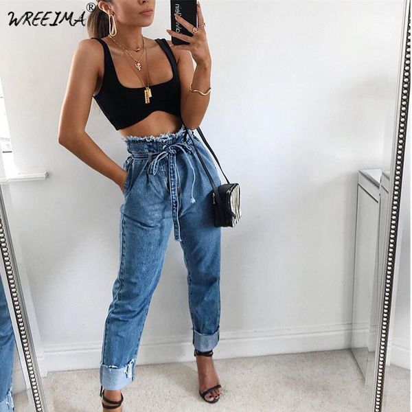 

wreeima 2018 summer fashion women's denim new solid color female casual trousers high waist trouser pencil pants pantalones, Blue