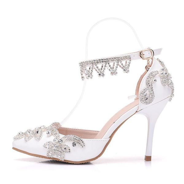 

new fashionl pointed toe shoes for women white rhinestone high heel wedding shoes thick heels beautiful crystal chain plus size shoes, Black