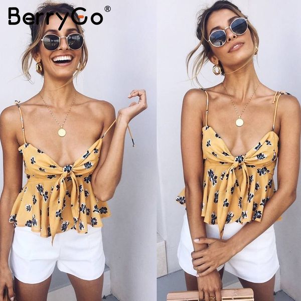 

Woven Sexy V Neck Flower Print Camisole Shirt Women Backless Bow Strap Tops Tees Female Pleated Casual Summer Tank Top