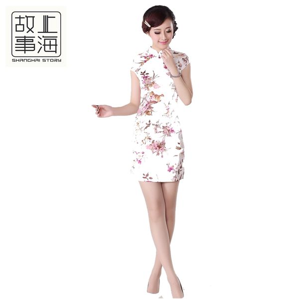 

shanghai story summer qipao dress retro flower printing vintage cheongsam national trend chinese dress 2 color, Red