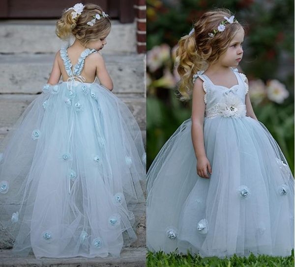 

light sky blue 2018 beach flower girls dresses ball gowns lovely 3d flowers floor length a line princess gowns, White;blue