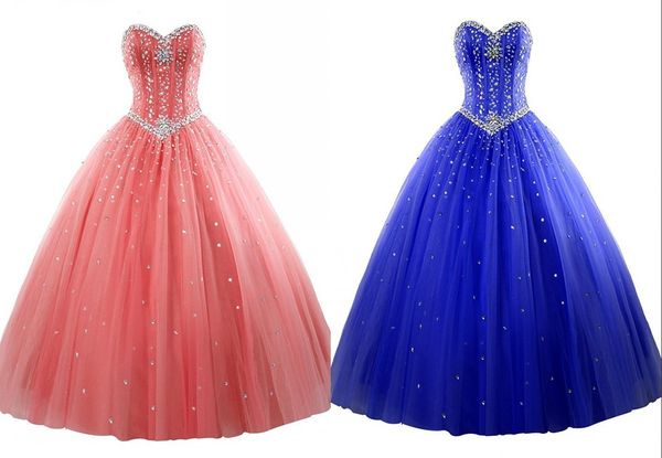 Korallenrotes Königsblau Günstiges Quinceanera-Abschlussballkleid Ballkleid Schatz-Tüll-Korsett Langes glitzerndes Kristall-Pailletten-Abend-formales Sweet-16-Kleid