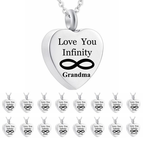 

heart love you infinity 8 charm cremation jewelry keepsake memorial urn ashes necklace pendant with fill kit(dad and mom), Silver