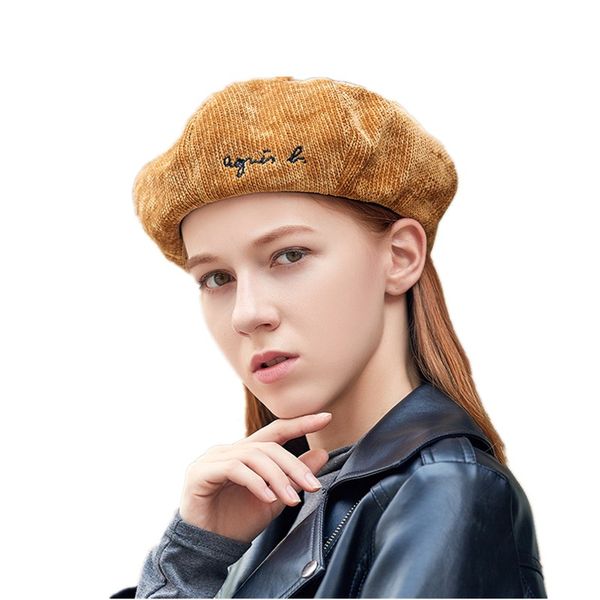 

new winter hat for women vintage embroidery letters beret caps chenille solid knitted artist octagonal pumpkin hat, Blue;gray