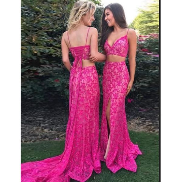 

2020 custom made two piece evening dress fuchsia prom dress slit lace formal party dress, Black;red