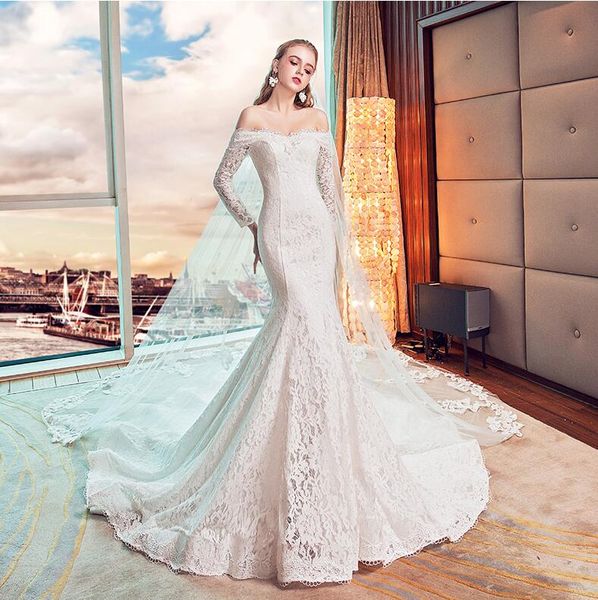 Novos vestidos de casamento palavra ombro manga comprida era fino rabo de peixe cauda longa renda halter cinta branco vestidos de jardim de inverno dh79