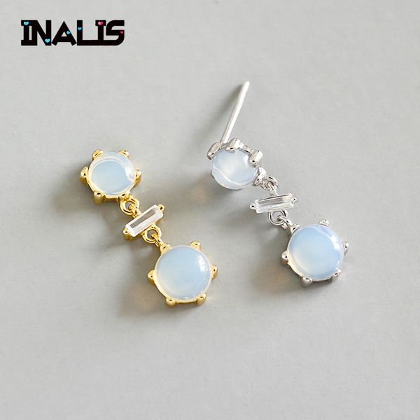 

inalis brand new luxurious vintage fine jewelry s925 sterling silver square cz crystal round opal stone dangle drop earrings, Golden;silver