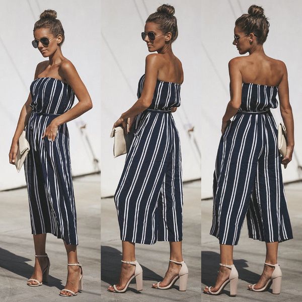 

womens clubwear party jumpsuit striped wide leg long trousers, Black;white