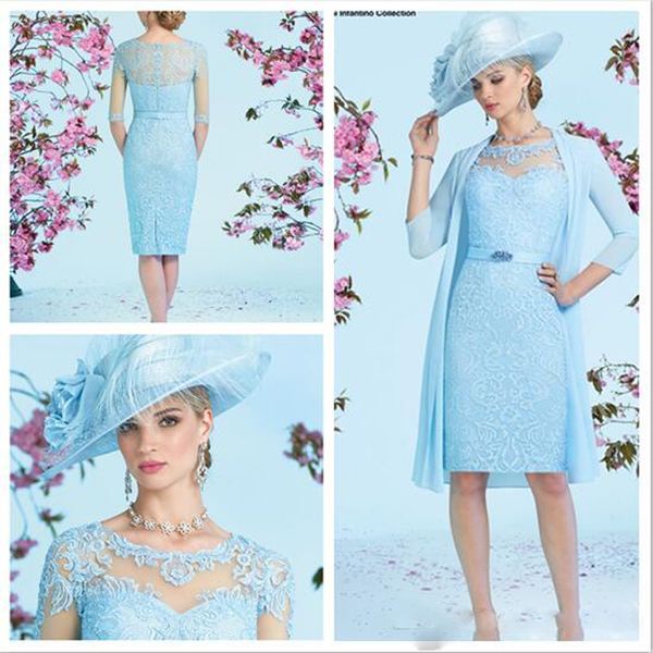 

luxury ronald joyce mother of the bride dresses baby blue fitted knee length lace dress with long chiffon jacket mother's dresses, Black;red