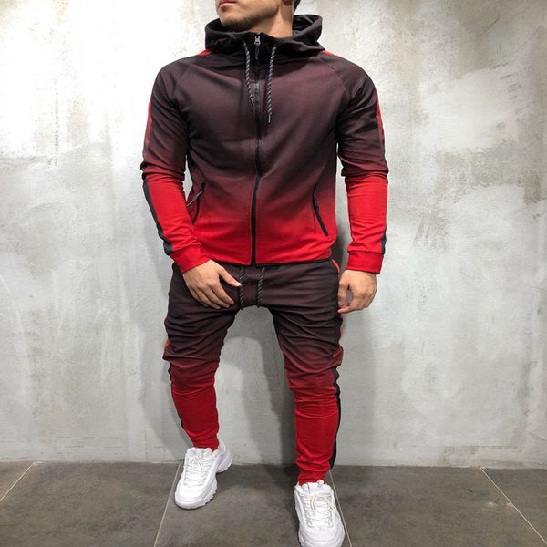 

casual men's tracksuit long sleeve gradient hooded jogging bottom sporty sweat 2pcs suit trousers hoodie coat pant, Gray