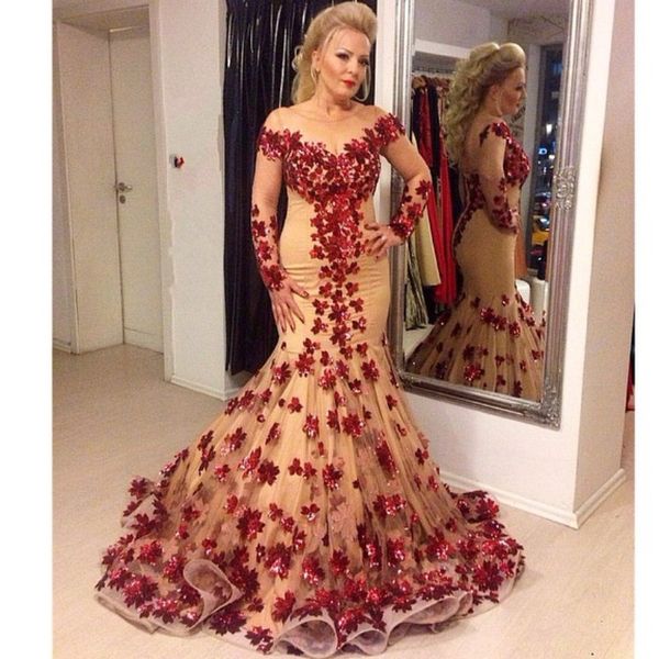 

glamorous mother of the bride dresses with 3d petals applique sheer jewel neck long sleeve tulle mermaid mothers dresses long prom dres, Black;red