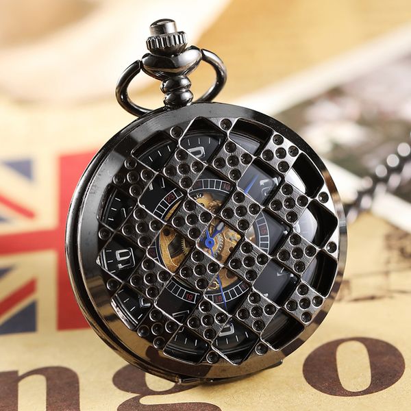 

automatic hand-wind mechanical pocket watch reloj de bolsillo flip black case fob chain necklace clock mens male watch gift box, Slivery;golden