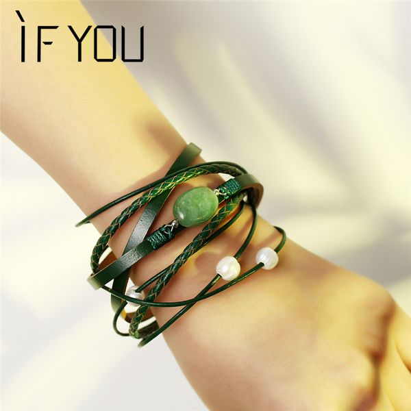 

if you green natural stone leather bracelet for woman or men multiple layers braided imitation pearl bracelets fashion jewelry, Black