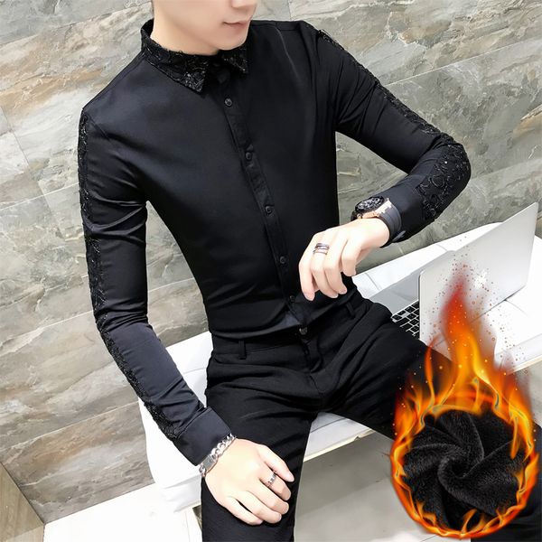 

fashion 2018 autumn men shirt brand new slim fit thick warm velvet dress shirts mens long sleeve lace patchwork prom tuxedo 3xl, White;black