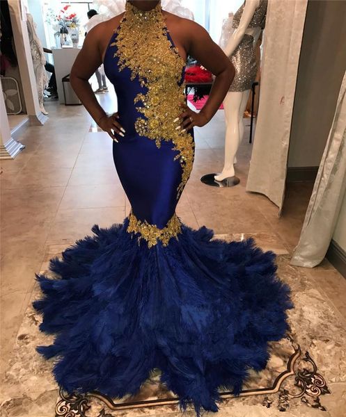 

gold lace mermaid feather prom dresses 2018 high neck backless plus size royal blue black girls pageant evening graduation party gowns