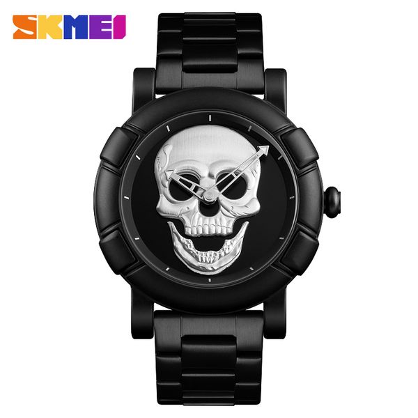 

skmei quartz watch skull man stainless steel mens clock creative special waterproof watch relogio masculino, Slivery;brown