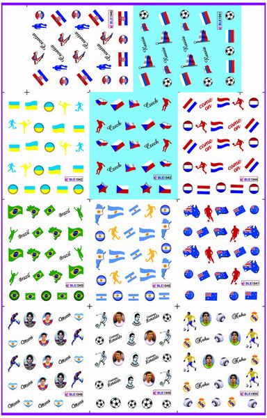 

11 pack/ lot water decal nail art nail sticker sport football world cup soccer national flags ble1940-1950, Black
