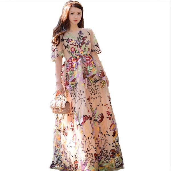 

2017 tulle floral embroidery dre runway de igner vintage elegant tunic hort leeve maxi dre women me h long ummer dre e