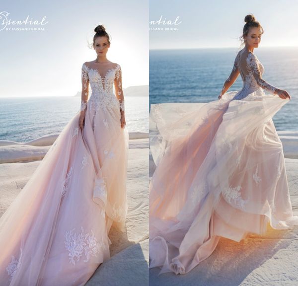 2019 Blush Pink Brautkleider A-Linie Sheer Jewel Neck Applizierte Langarm Herbst Winter Brautkleider Sweep Train Elegantes Hochzeitskleid