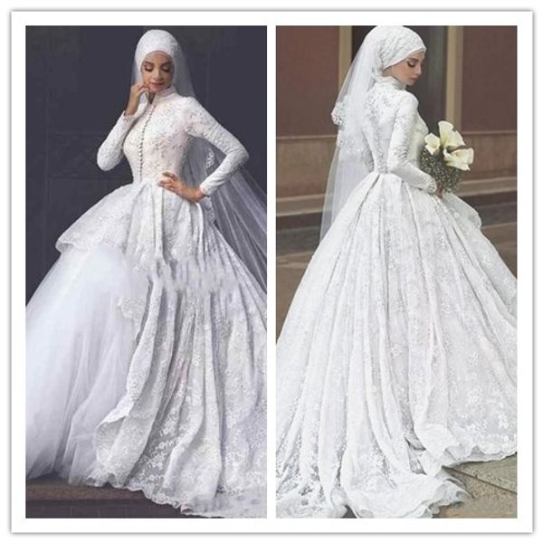 

muslim hijab ball gown wedding dress tiered skirts high neck lace appliques bridal dresses wedding dresses gowns, White