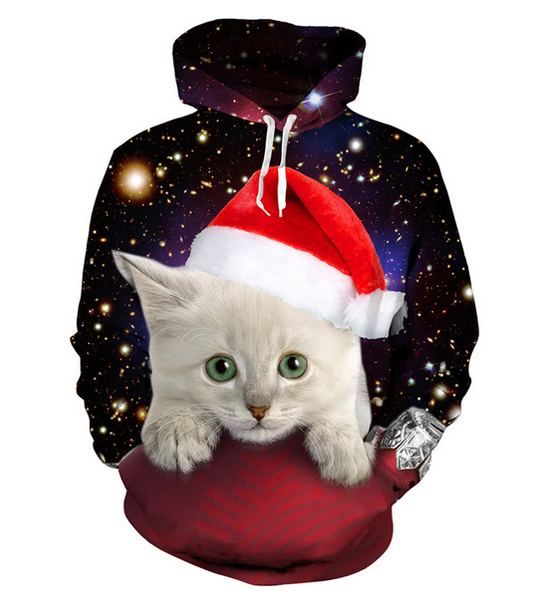 

новые моды для мужчин / женщин рождество белый кот смешно 3d печатных crewneck толстовка толстовки мода повседневная толстовки h39, Black