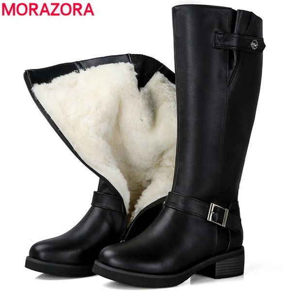 

morazora 2018 genuine leather knee high boots women round natural wool boots ladies warm winter snow black