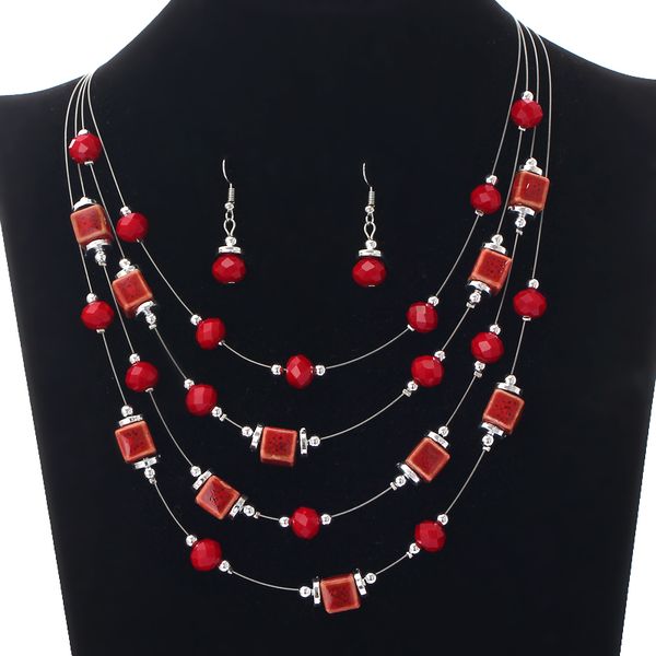 

new arrival luxurious silver color multilayer african beads necklace earrings women exquisite jewelry set