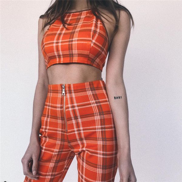 

2018 two piece set tracksuit plaid sleeveless sweatsuits for women sets cropped survetement femme, Gray
