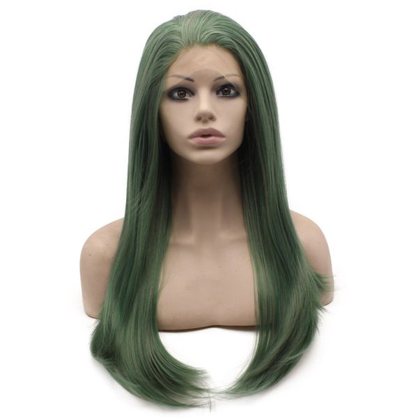 

long straight dark green lace front wig natural heat resistant part, Black