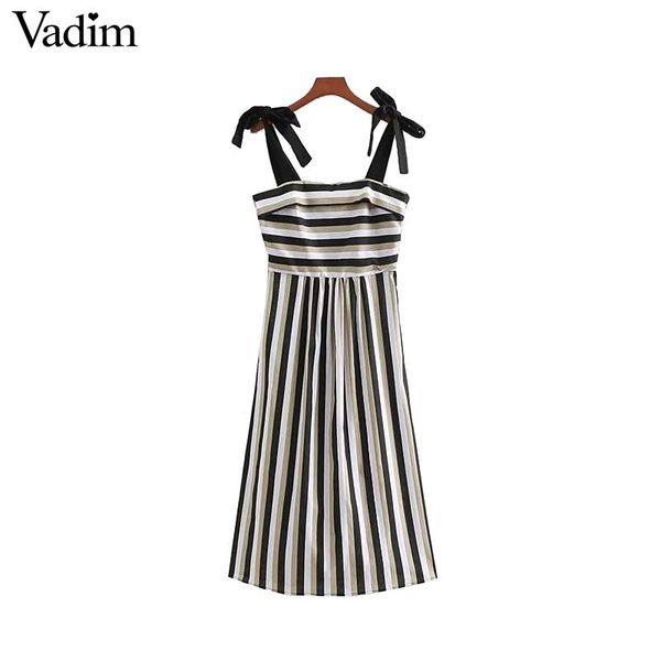 

vadim women striped linen midi dress bow tie adjustable straps sleeveless backless ladies casual dresses vestidos qa429, White;black