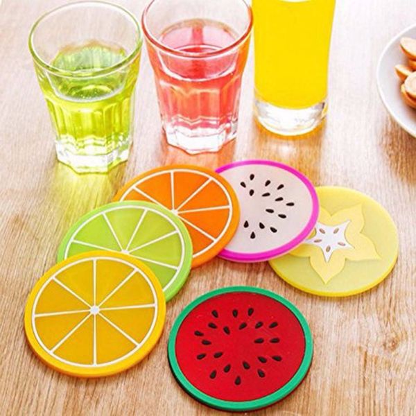 

6pc/set colorful fruit shape coasters silicone round cup drinks holder mat coffee pads tableware placemat