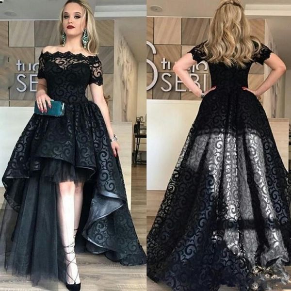 

элегантный черный полный кружева высокий низкий пром платье с плеча с коротким рукавом вечерние платья высокое качество мода платье на заказ, Black