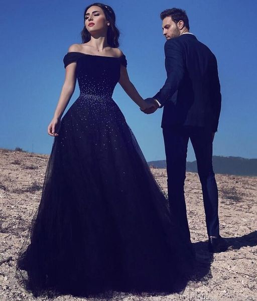 

100% real image off shoulder navy blue evening dresses 2018 elegant saudi arabic prom dresses formal evening gowns lace up, Black