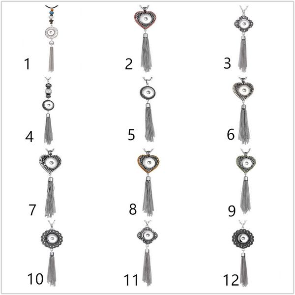 

12 style mixed noosa wheat snap button jewelry heart triangle charm 18mm snap button necklace for women, Silver