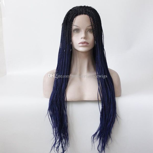 Black Dark Blue Twist Blue Ombre Dark Roots Hand Tied Heat Resistant Fiber Hair Wigs Synthetic Braided Lace Front Wig Wig Natural Hair Nylon Wig From