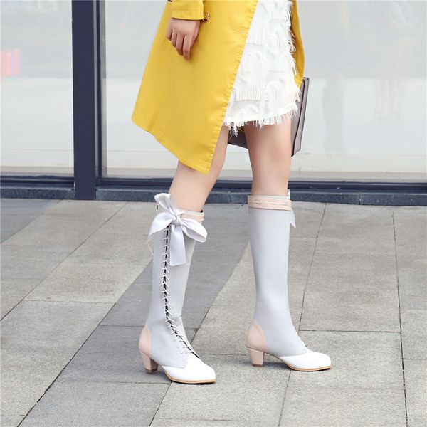 

ymechic 2018 fashion butterfly-knot ladies lolita shoes princess block high heel lace up mid calf high ridding knight boots 45, Black