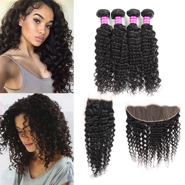 

wholesale brazilian peruvian malaysian deep wave human virgin hair vendors weave bundles with lace frontal closure hair extensions wefts, Black