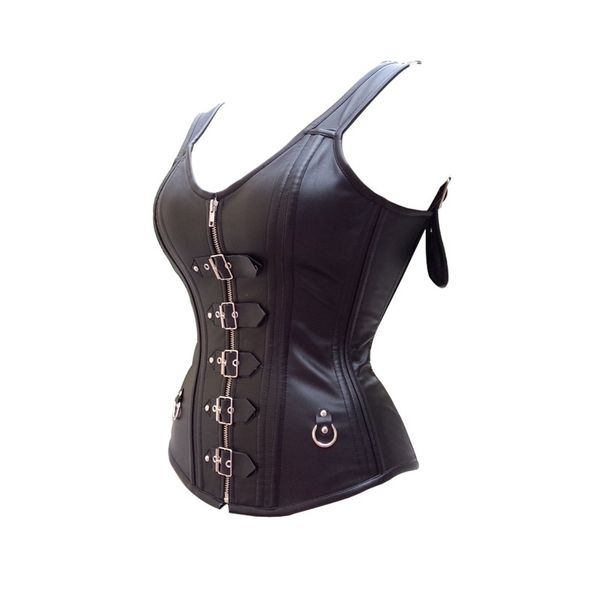 

black halter faux leather steel boned overbust corsets women shapewear female slimming body waist size s-xxl black color good quality