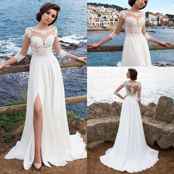 

2018 chiffon scoop neck see though beach bohemian a-line wedding dresses lace appliques side split long bridal wedding gowns, White