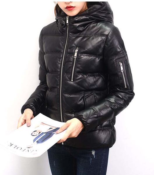 

2018 woman duck down coat hooded genuine sheepskin lambskin short jacket for preppy girl female lady parka black plus oversized