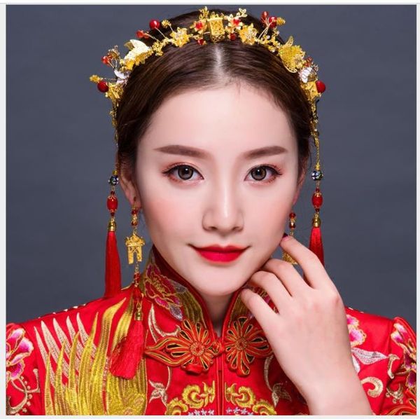 

new costume, bride, chinese wedding show, dress, hairdressing set, phoenix crown, and red tassel, Slivery;golden